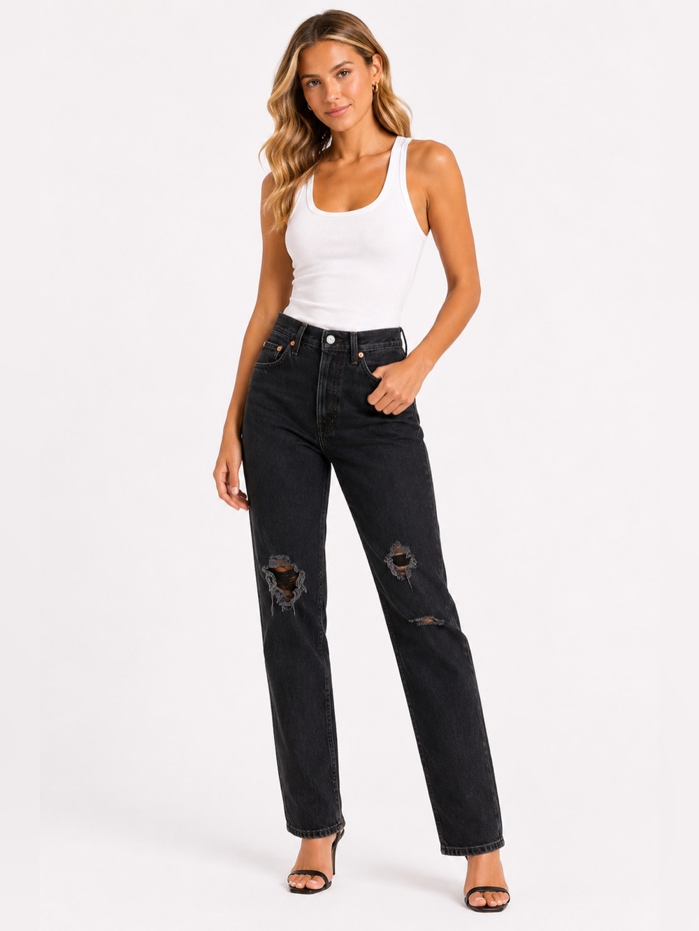 Levis 501 Original Fit Black Distressed Button-Fly Jeans 24x27